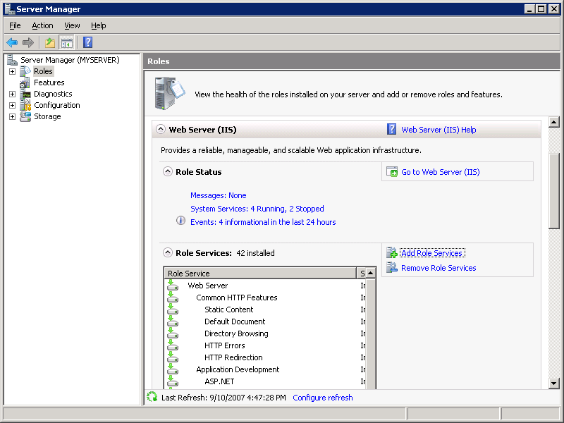 Screenshot of the Roles tree view within the Server Manager screen with the Add Role Services option being highlighted.