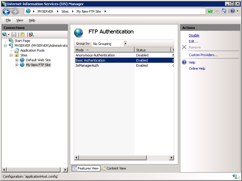 Screenshot of the F T P Authentication page showing Basic Authentication and I S S Manager Auth options, with a focus on the Disable option in the Actions pane.