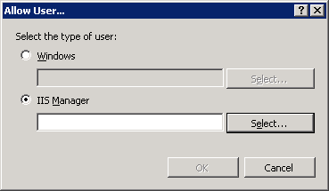 Screenshot of the Allow User dialog with the I I S Manager option selected with a focus on the Select option.
