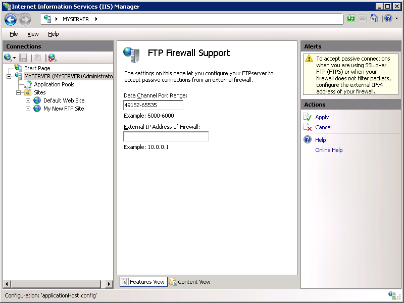 Screenshot that shows the F T P Firewall Support pane.