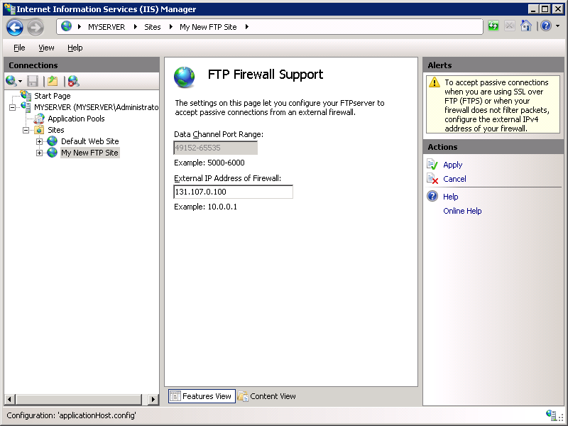 Screenshot that shows the F T P Firewall Support pane, with an I P Address entered in the External I P Address or Firewall field.