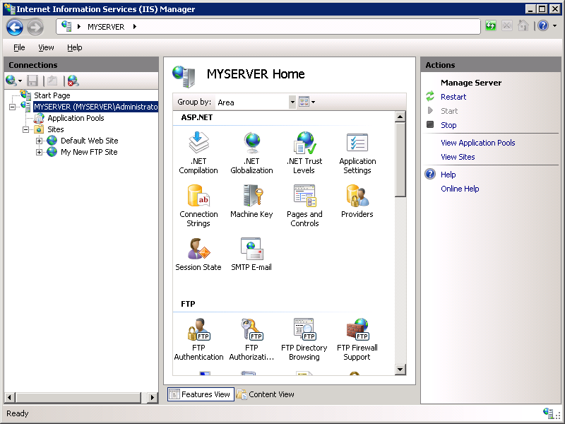 Screenshot that shows the MY SERVER Home pane.