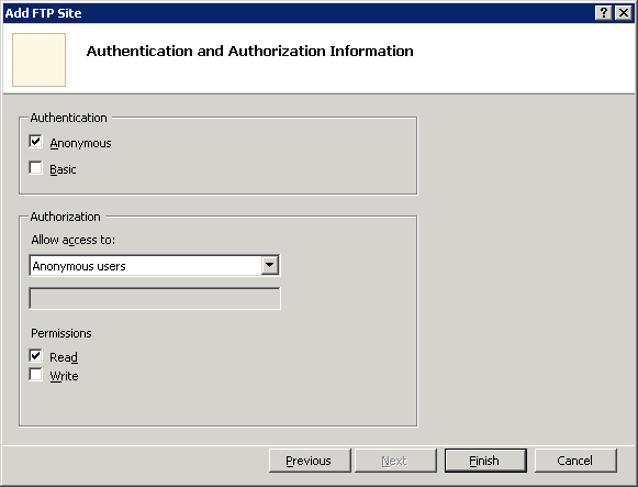Screenshot of the Add F T P Site screen's Authentication and Authorization Information section with a focus on the Finish option.