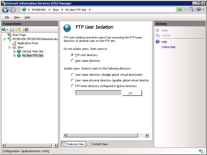 Screenshot of the I I S Manager screen's F T P User Isolation feature page.