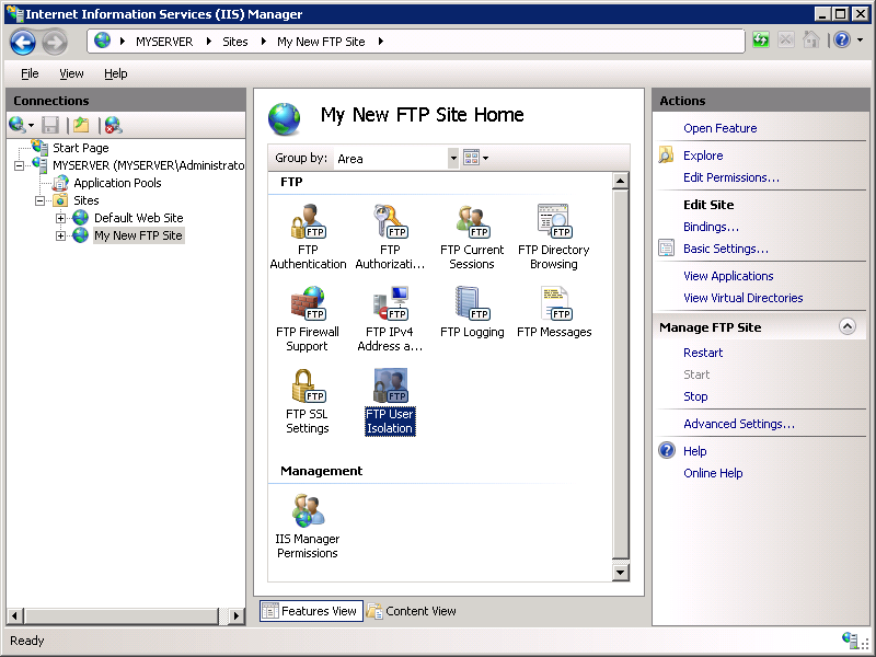 Screenshot of the I I S Manager screen's My New F T P Site Home section with the F T P User Isolation icon being highlighted.