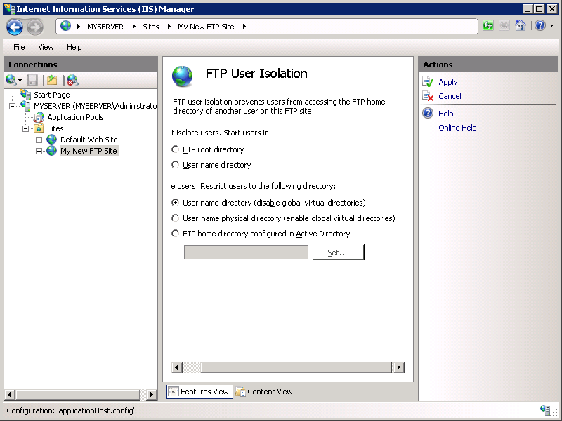 Screenshot of the I I S Manager screen's F T P User Isolation section have the User name directory (disable global virtual directories) option selected.