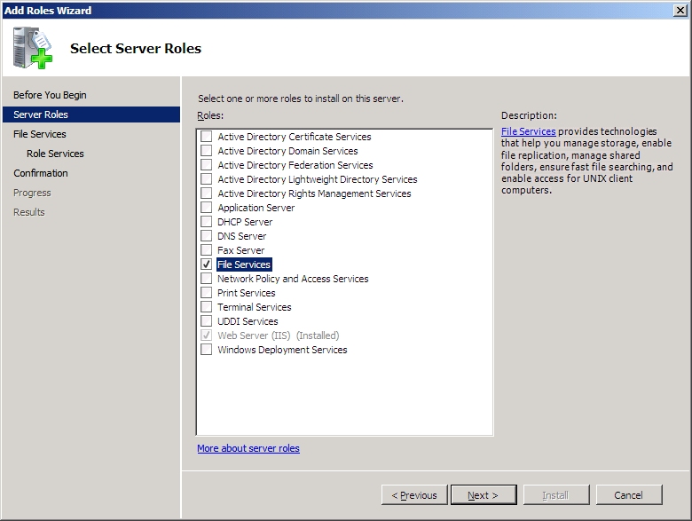 Screenshot of the Select Server Roles dialog, with the File Services option being highlighted.