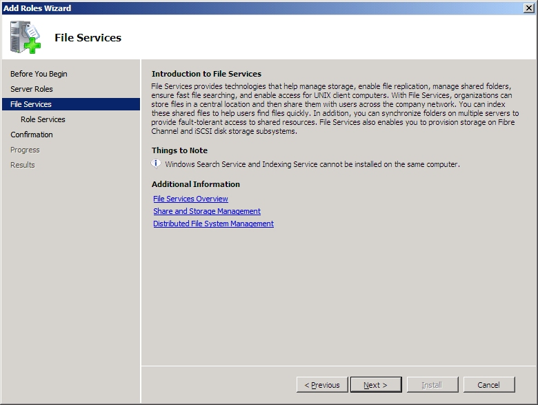 Screenshot of the Introduction to File Services page, showing the Next option.