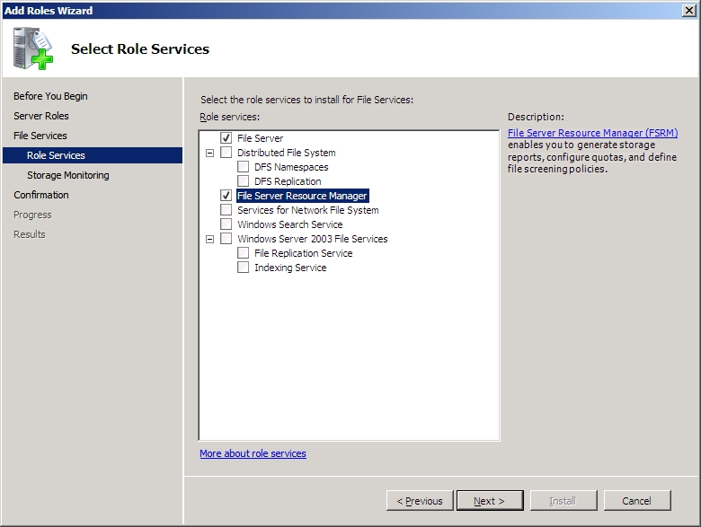Screenshot of the Select Role Services page with the File Server Resource Manager option being highlighted.