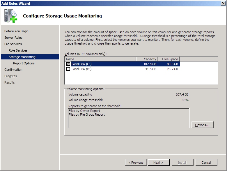Screenshot of the Configure Storage Utilization Monitoring page, showing the Options button.