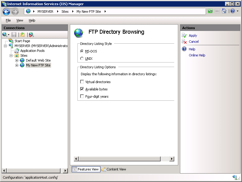 Screenshot of the F T P Directory Browsing page showing the Apply option in the Actions pane.