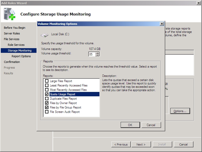 Screenshot of the Volume MOnitoring Options dialog, with the Quota Usage Report option being highlighted.