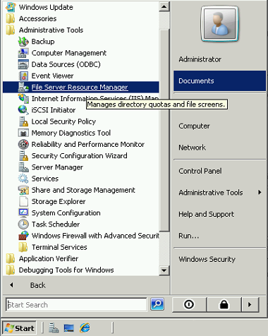 Screenshot of the Windows Administrative Tools menu, showing the highlighted File Server Resource Manager option.