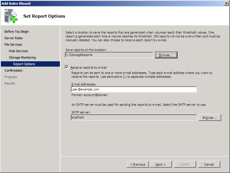 Screenshot of the Set Report Options page, showing the Next option.