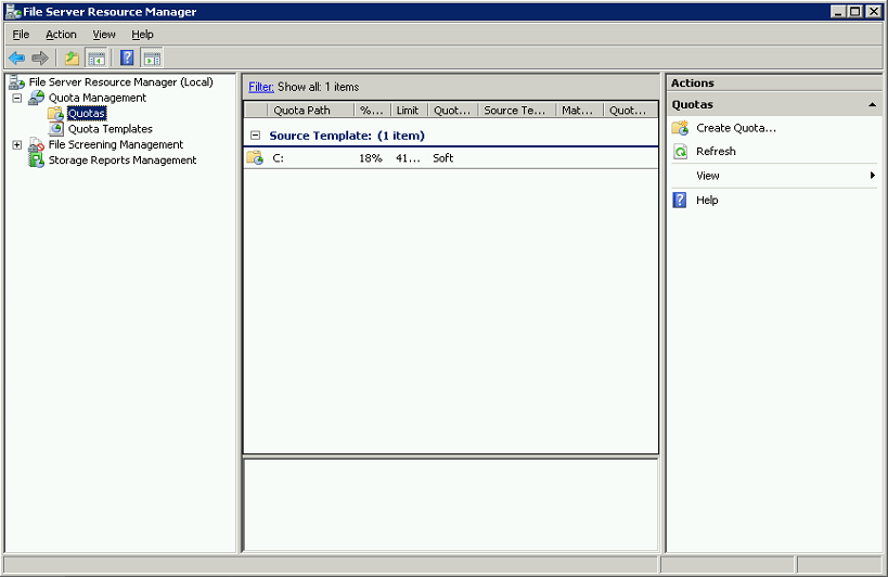 Screenshot of the File Server Resource Manager, showing the Create Quota option in the Actions pane.