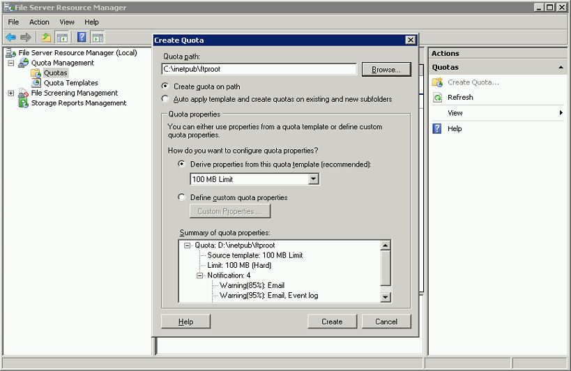 Screenshot of the Create Quota dialog box, showing the Create option.