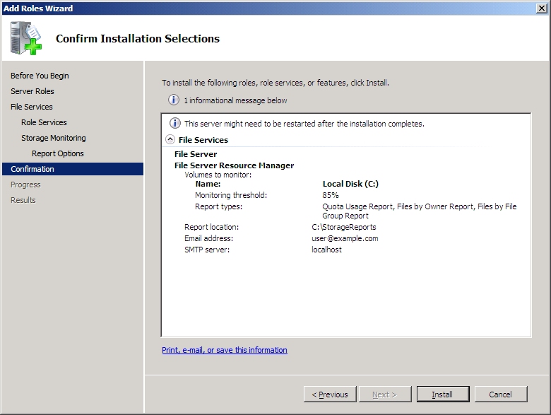 Screenshot of the Confirm Installation Selections page, showing the Install option.