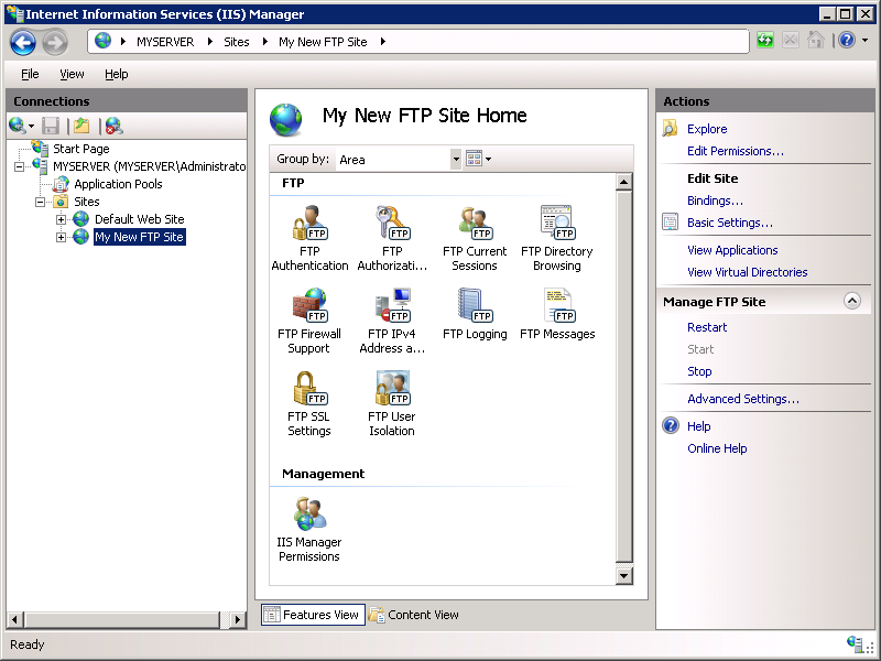 Screenshot of the I I S Manager screen with the My New F T P Site icon being highlighted.