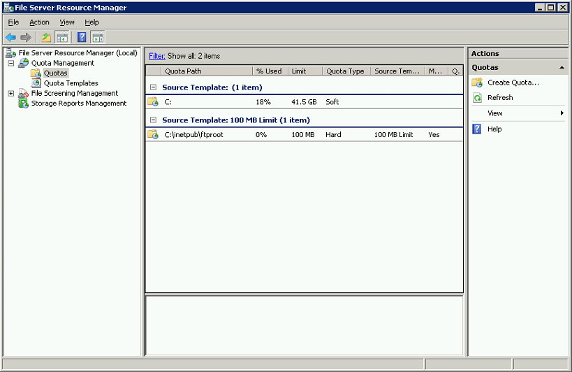 Screenshot of the File Server Resource Manager displaying the entered quota settings.