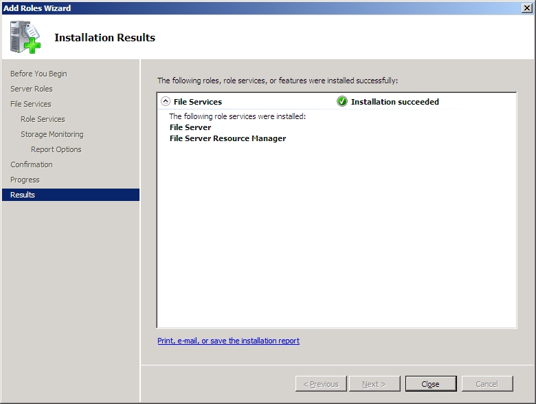 Screenshot of the Installation Results screen, showing the Close option.