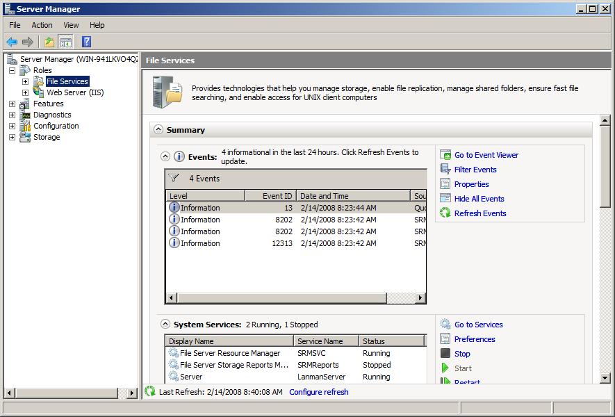 Screenshot of the File Services role being highlighted in the Roles node in Server Manager.