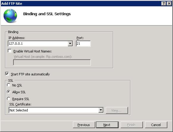 Screenshot of the Binding and S S L Settings screen in the Add F T P Site wizard.