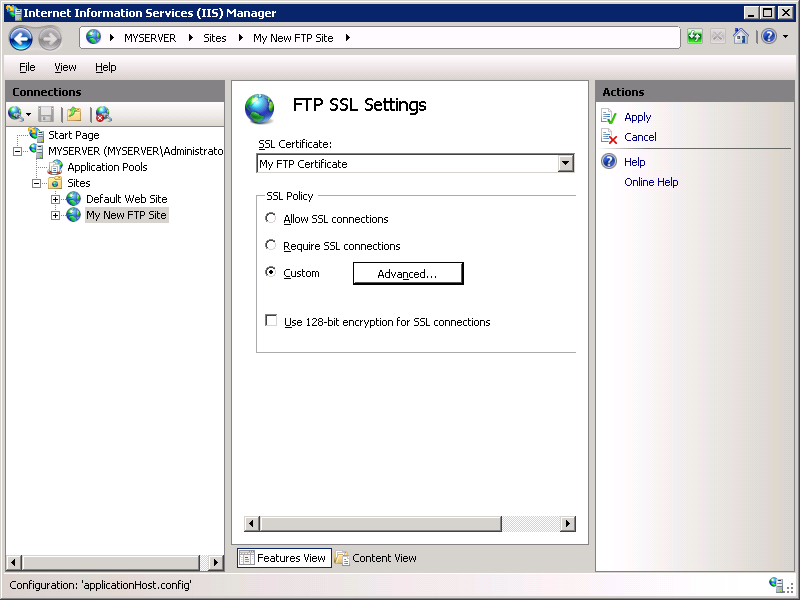 Screenshot that shows the F T P S S L Settings pane. Apply and Cancel are listed in the Actions pane.