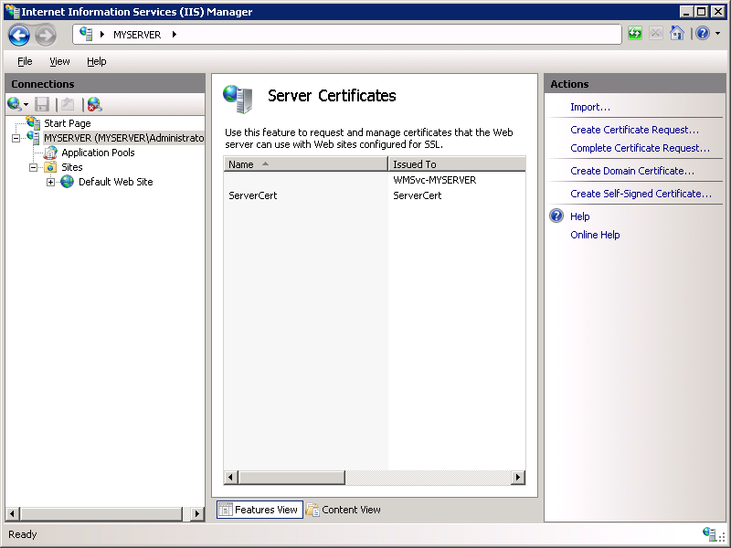 Screenshot that shows the Sever Certificates pane.