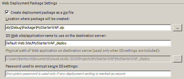 Screenshot of the Web Deployment Package Settings section showing the zip file location and application name to be used on the destination server.
