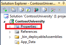 Screenshot of the Solution Explorer screen with a highlight on the Properties option.