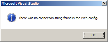 Screenshot of a Microsoft Visual Studio error message, stating that there was no connection string found in the Web.config.