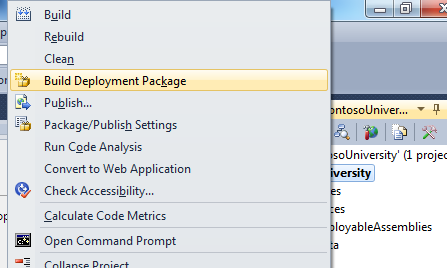 Screenshot of the right-click menu with a focus on the Build Deployment Package option.