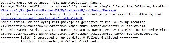 Screenshot of the output window containing a link to the package location.