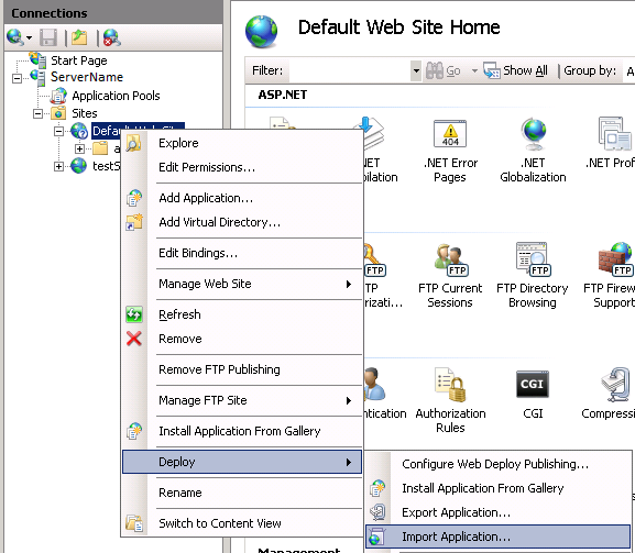 Screenshot of the right-click menu over the Connections pane, with a focus on the Deploy drop-down and Import Application option.