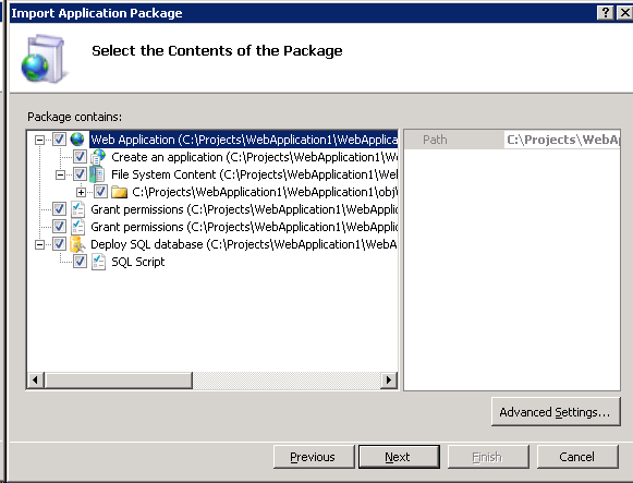 Screenshot of the Import Application Package screen with the Web Application option being highlighted in the Package contains field.