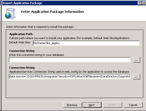 Screenshot of the Import Application Package screen showing the Application Path and Connection String fields.