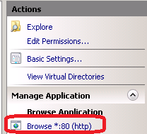 Screenshot of the Actions pane with a focus on the Browse link under the Manage Application section.