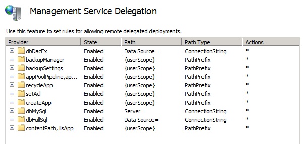 Screenshot of Management Service Delegation feature with the path of Data Source and Path Type of Connection String.