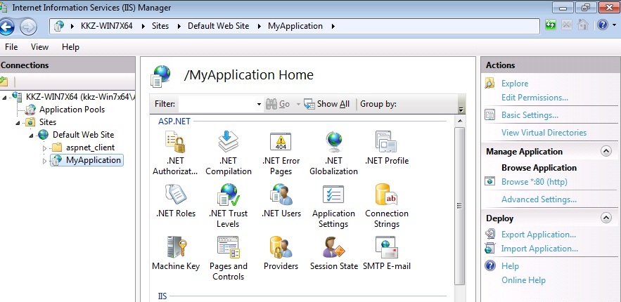 Screenshot of the My Application Home screen's Actions pane with a focus on the Export Application option.