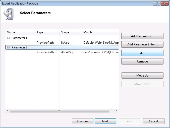 Screenshot of the Export Application Package dialog box with a focus on the Add Parameter Entry option.