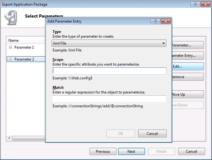 Screenshot of the Add Parameter Entry dialog box with the X M L File Type selected.