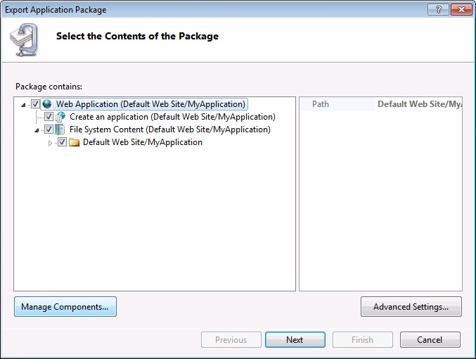 Screenshot of the Export Application Package dialog with a focus on the Manage Components option.