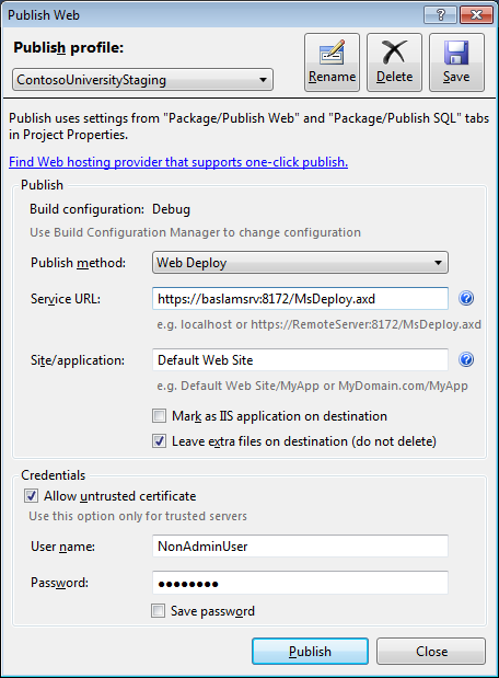Screenshot of the Publish Web dialog. The Publish method field = Web Deploy entry, site or application = Default Web Site entry.