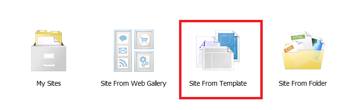 Screenshot of multiple icons with a focus on the Site From Template Icon.