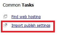 Screenshot of file links with the Import publish settings link being highlighted.