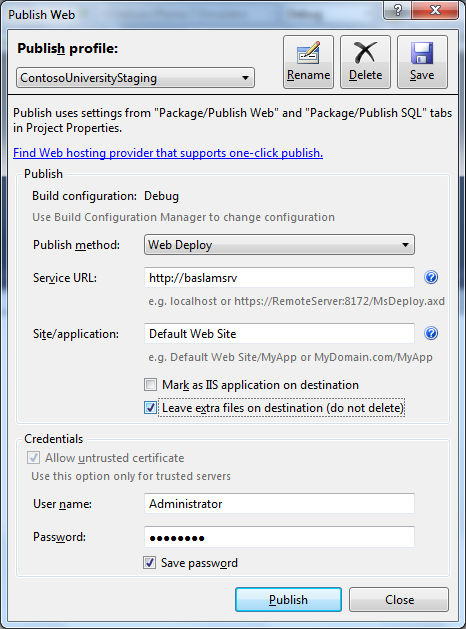 Screenshot of the Publish Web dialog, containing the Service U R L, Site or application, user name, and password fields.