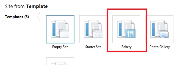 Screenshot of multiple Template icons with a focus on the Bakery icon.
