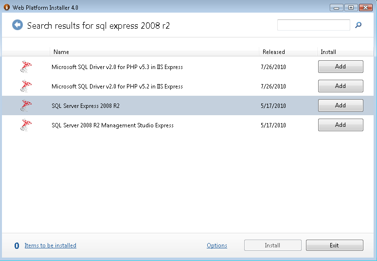 Screenshot shows database search results highlighting S Q L Server Express 2 zero zero 8 R 2.