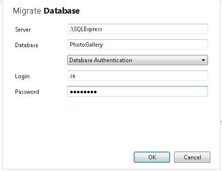Screenshot shows the Migrate Database dialog box with database authentication details.
