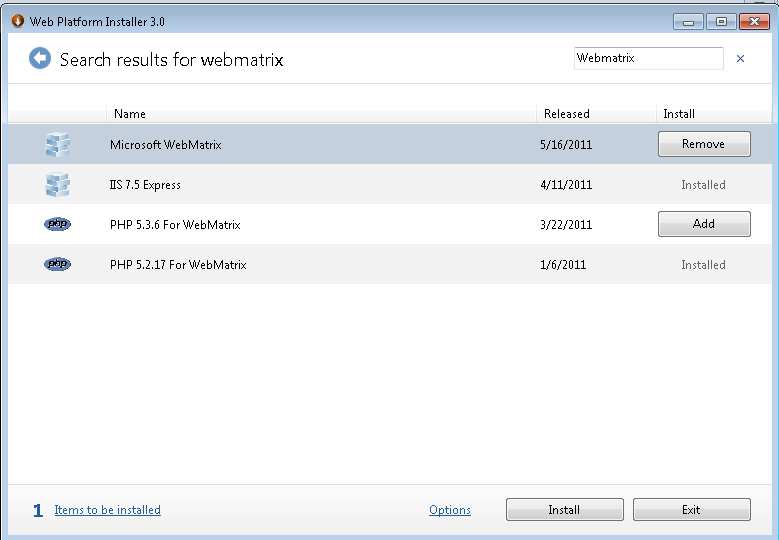 Screenshot shows the Web Platform Installer 3 point zero window highlighting the Microsoft Web Matrix option to install.